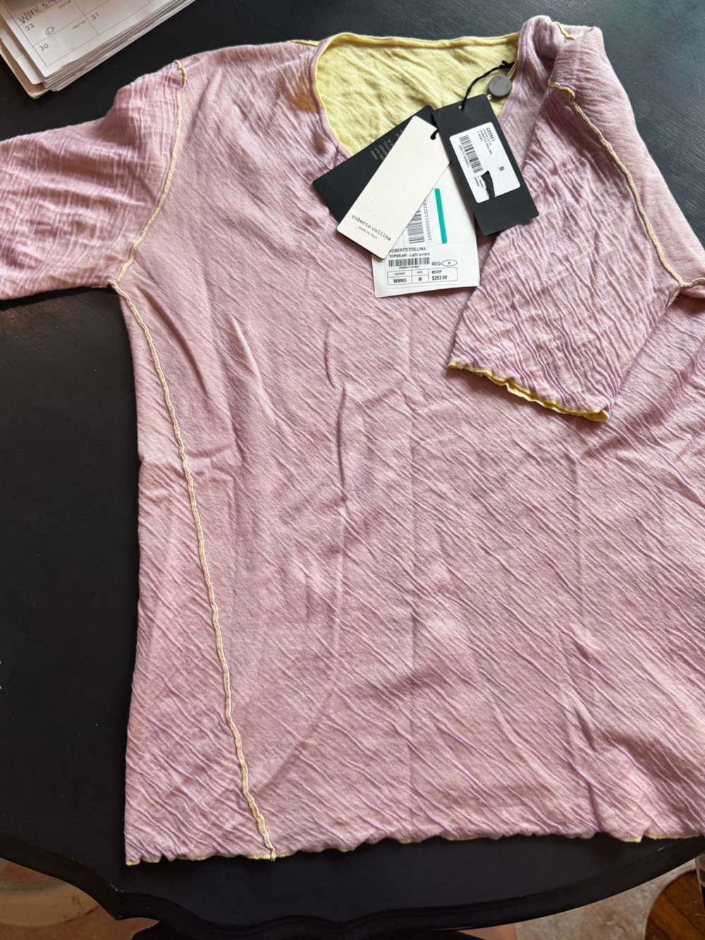 Light Pink Short Sleeve Top with Yellow Trim